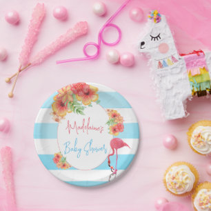 Plato De Papel Flamingo Tropical Blue Stripe Baby Shower