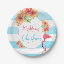 Plato De Papel Flamingo Tropical Blue Stripe Baby Shower