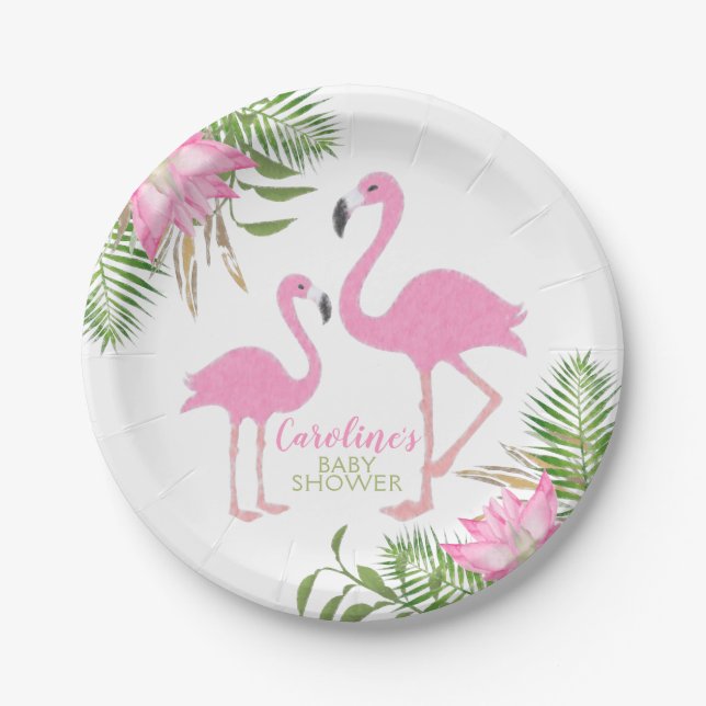 Plato De Papel Flamingo Tropical Floral Baby Shower (Anverso)