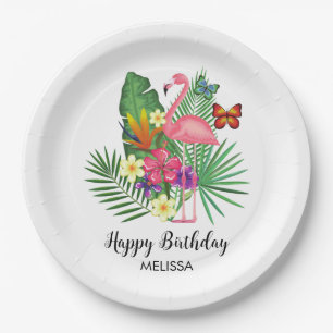 Plato De Papel Flamingo Tropical Floral Butterflies Cumpleaños