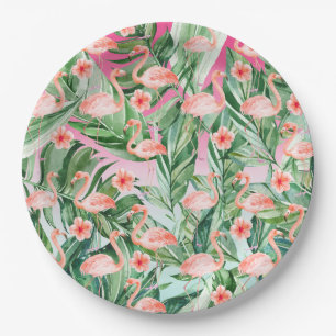 Plato De Papel Flamingo Tropical Hibiscus Pink Mint Floral