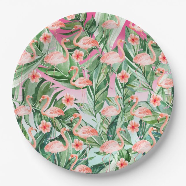 Plato De Papel Flamingo Tropical Hibiscus Pink Mint Floral (Anverso)