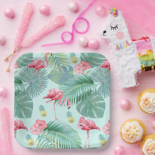 Plato De Papel Flamingo tropical, palmas, patrón de piña ID926