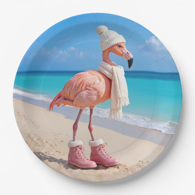 Plato De Papel Flamingo Wearing Winter Scarf and Hat (Anverso)