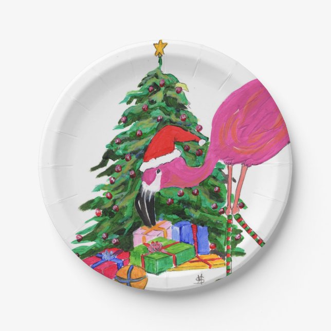 Plato De Papel Flamingo y árbol de Navidad (Anverso)