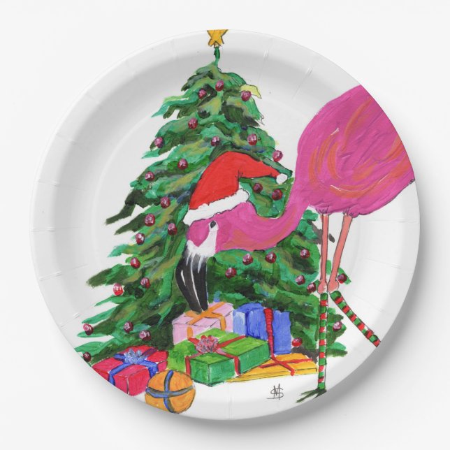 Plato De Papel Flamingo y árbol de Navidad (Anverso)