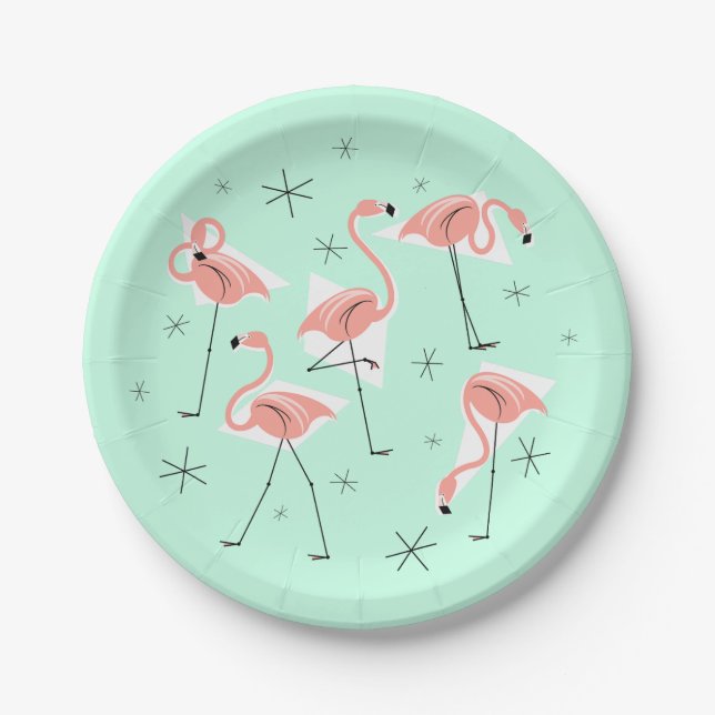 Plato De Papel Flamingos Retro Green (Anverso)