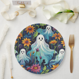 Plato De Papel Flandes y flores de Halloween volando
