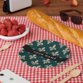 Plato De Papel Fleur de Lis, Beige on Green, Royal, Your Name