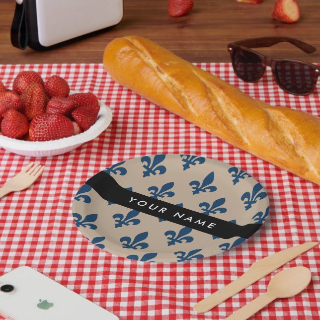 Plato De Papel Fleur de Lis, Navy Blue on Beige, Royal, Your Name (Picnic)