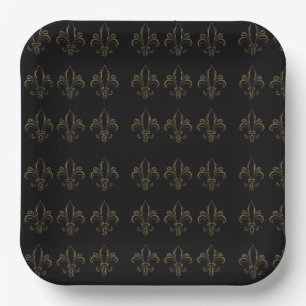 Plato De Papel Fleur De Lis Simple Elegante Negro y Oro