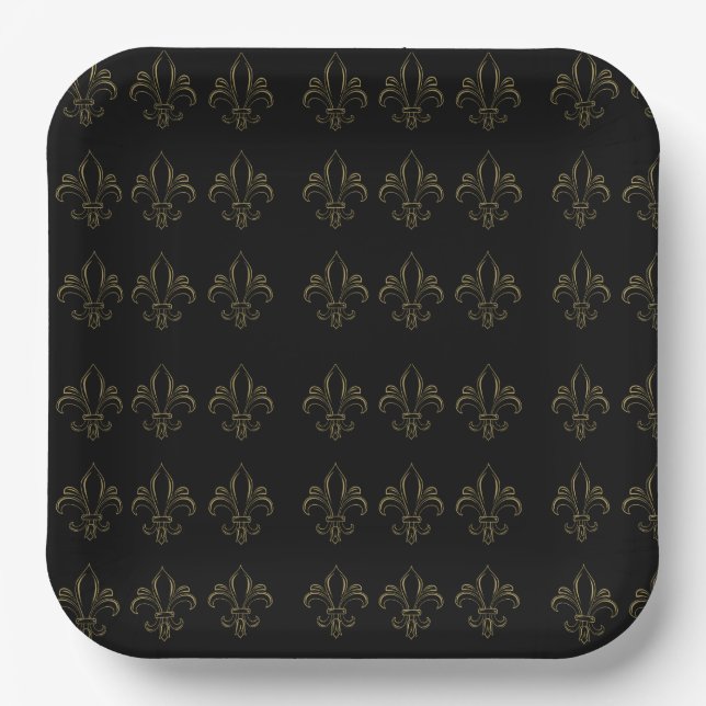 Plato De Papel Fleur De Lis Simple Elegante Negro y Oro (Anverso)