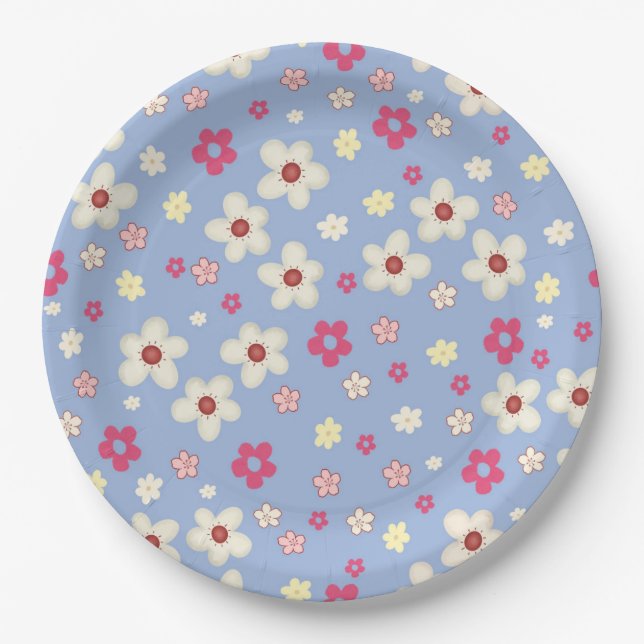 Plato De Papel fleurs printanières sur fond bleu (Anverso)
