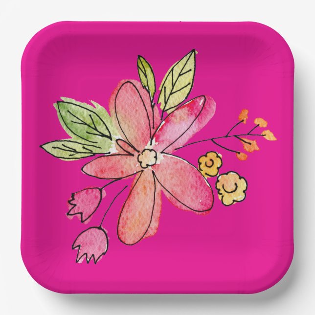 Plato De Papel Flor acuática de neón rosado (Anverso)