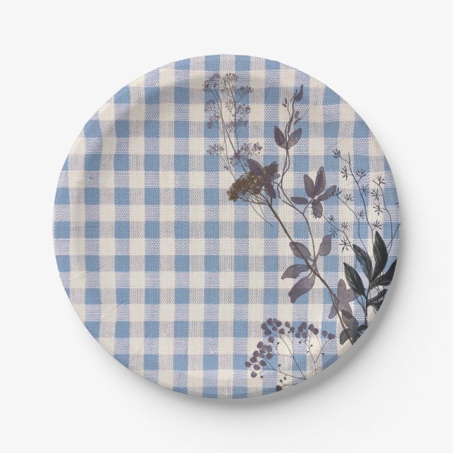 Plato De Papel Flor azul blanca silvestre Gingham Plaid Farmhouse (Anverso)