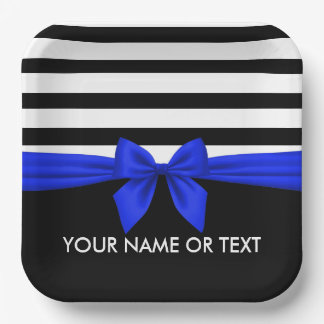 Plato De Papel Flor azul de franjas blancas y negras personalizad