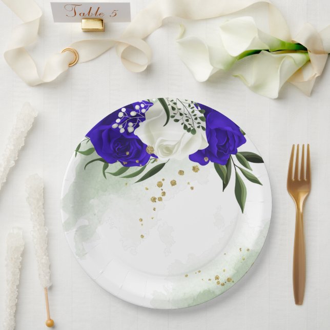 Plato De Papel flor azul y blanca real (Boda)