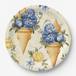 Plato De Papel Flor azul y crema de hielo - redonda