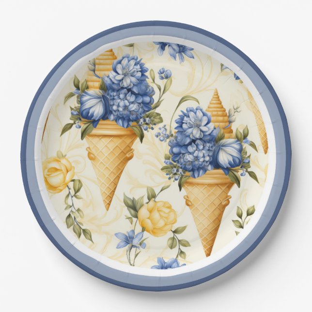 Plato De Papel Flor azul y helado con borde (Anverso)