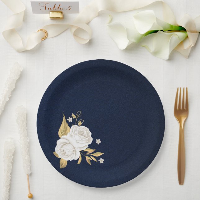 Plato De Papel flor blanca hojas de oro azul marino (Boda)