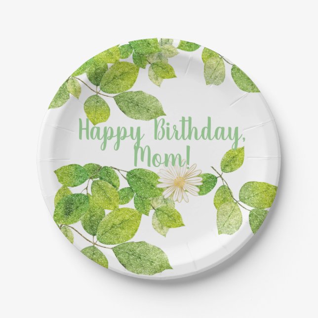 Plato De Papel Flor blanca y jardín de hojas verdes (Anverso)