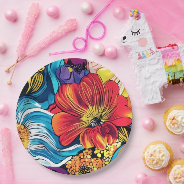 Plato De Papel Flor colorida (Fiesta)