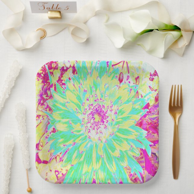Plato De Papel Flor Dahlia decorativa amarillo y magenta (Boda)
