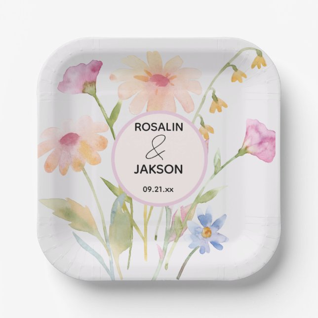 Plato De Papel flor de acuarela editable (Anverso)