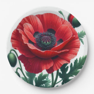 Plato De Papel Flor de adormidera roja