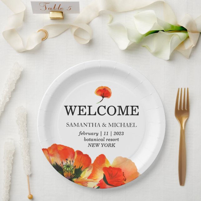 Plato De Papel Flor de amapola Boda blanco rojo (Boda)