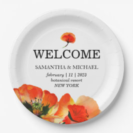Plato De Papel Flor de amapola Boda blanco rojo