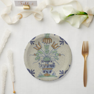 Plato De Papel Flor De Cerámica Delft Tile Antiguo