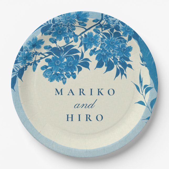 Plato De Papel Flor de cerezo azul antiguo japonés (Anverso)