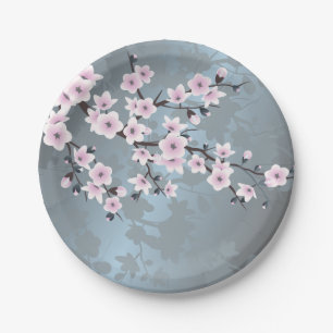 Plato De Papel Flor de cerezo azul grisáceo y rosa Dusky