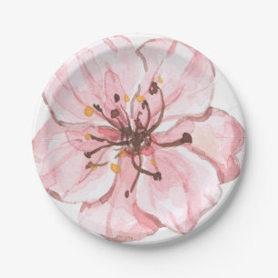 Plato De Papel Flor de Cerezo Rosa Ilustrada a Mano