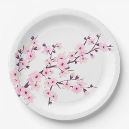 Plato De Papel Flor de cerezo rosa y blanco