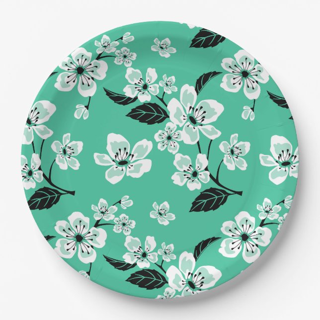 PLATO DE PAPEL FLOR DE CEREZO - SAKURA (MENTA) (Anverso)