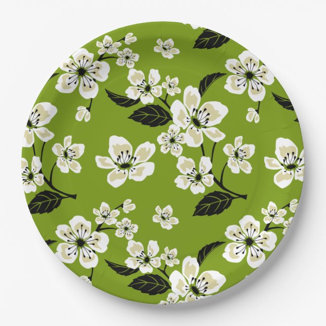 PLATO DE PAPEL FLOR DE CEREZO - SAKURA (VERDE MATCHA) (Anverso)
