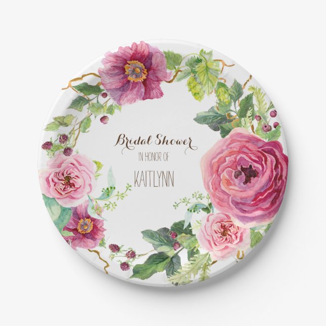 Plato De Papel Flor de color de agua Wreath Peony Rosa ducha de n (Anverso)
