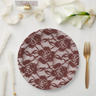 Plato De Papel Flor de encaje blanco rojo de Borgoña