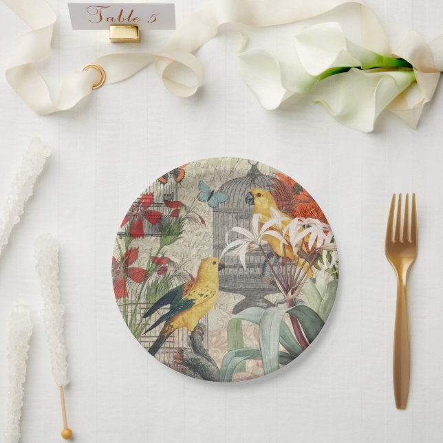 Plato De Papel Flor de época tropical dorada de loro (Boda)