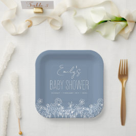 Plato De Papel Flor De Flor Azul Dusto En Bloom Baby Shower