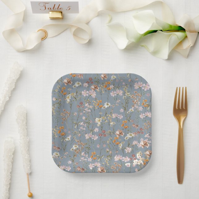 Plato De Papel Flor De Flor Azul Dusto En Bloom Baby Shower (Boda)