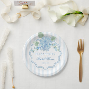 Plato De Papel Flor de Hortensia Azul Vintage Elegante Onda Rayad