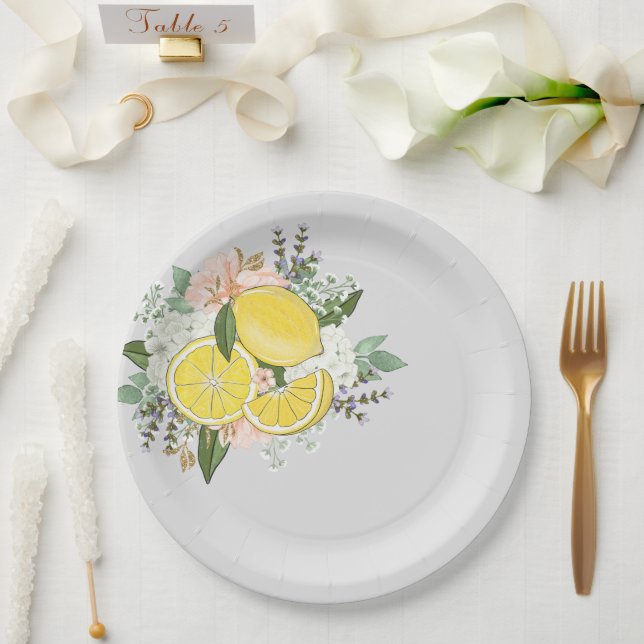 Plato De Papel Flor de limón amarillo (Boda)