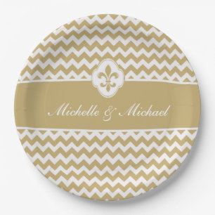 Plato De Papel Flor de lis blanca personalizada Chevron del oro