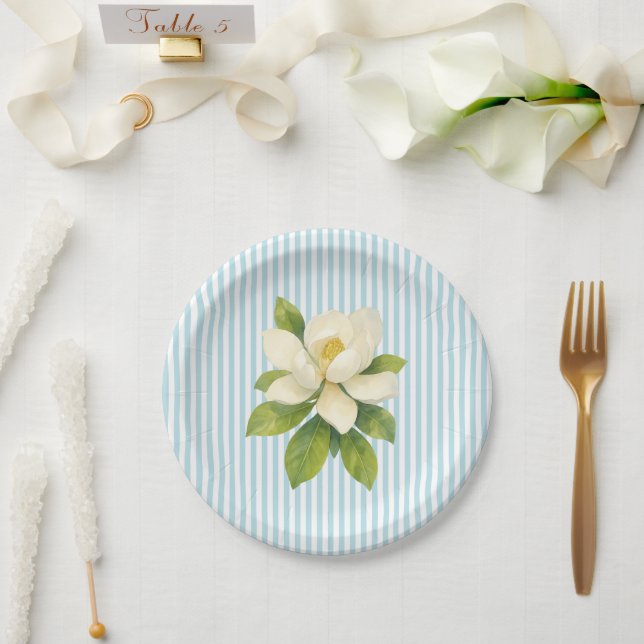 Plato De Papel Flor de Magnolia Bodas Personalizadas Raya Azul (Boda)