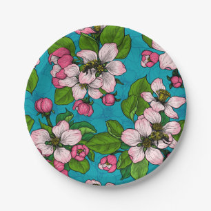 Plato De Papel Flor de manzana sobre turquesa