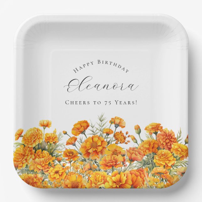 Plato De Papel Flor de mes de nacimiento de octubre Marigold cump (Anverso)
