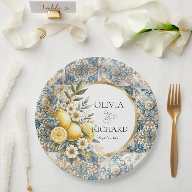 Plato De Papel Flor de mosaico mediterránea Positano limón (Boda)